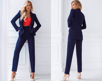 Donkerblauw Dames Trouwpak Bruids Elegant Cocktail Afstuderen Broekpak Jas Hoge Taille Broek Wit Rood Geel Hemelszwart