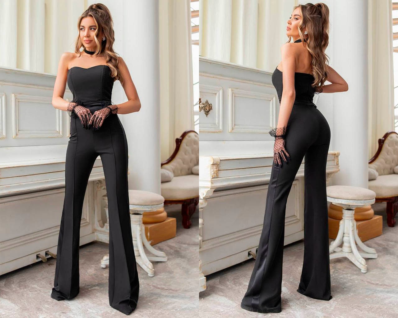 Women Black Corset Jumpsuit Satin Inserts Bridal Wedding