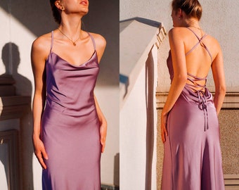 Women Silk Slip Dress Backless Midi With Cowl Neck Bridesmaids For Special Occasions Lilac