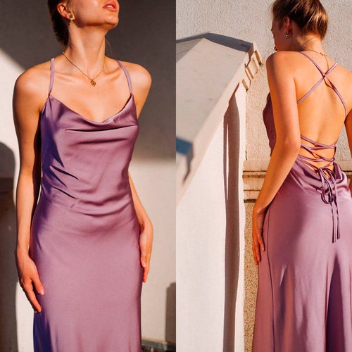 Women Silk Slip Dress Backless Midi With Cowl Neck Bridesmaids For Special Occasions Lilac