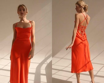 Women Silk Slip Dress Backless Midi With Cowl Neck Bridesmaids For Special Occasions Orange