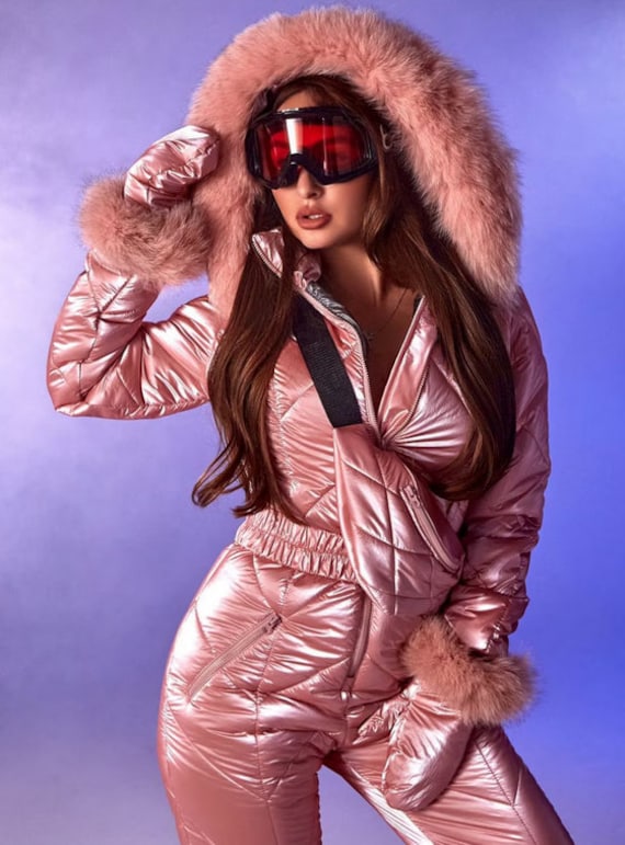 Pink Ski Jumpsuit  Pink Puffer Ski Fur Hood Jumpsuit