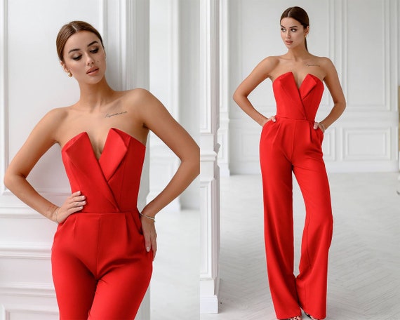 Mono rojo para mujer Boda nupcial Dama de honor Graduación Sin tirantes  Corsé formal Top Pantalones de pierna ancha Palazzo Blanco Negro Rosa Beige  Verde -  España