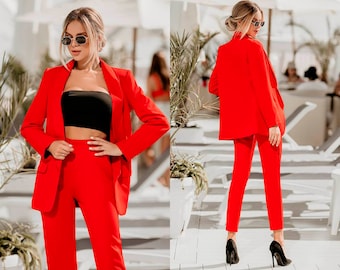 Costume de mariage femme rouge élégant cocktail de fin d'études tailleur-pantalon veste pantalon taille haute blanc rouge jaune ciel noir jaune blanc bleu ciel