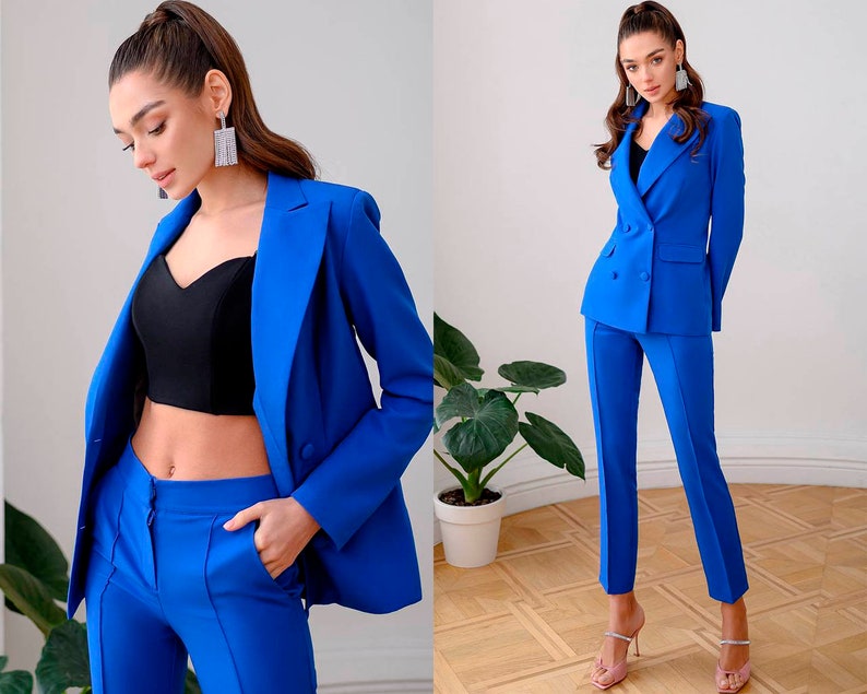 Femme Veste Pantalon Tailleur-pantalon Chic Entretien officiel Élégant Cocktail Remise des diplômes Rose Bleu Vert Moka Bleu