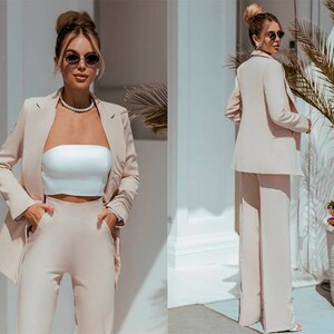 Nude Women Oversize Suit Set Elegant Cocktail Office Work Pantsuit