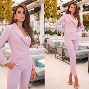 Femme Veste Pantalon Tailleur-pantalon Chic Entretien officiel Élégant Cocktail Remise des diplômes Rose Bleu Vert Moka Powder