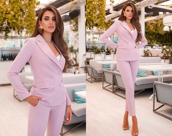 Women Jacket Pants Suit Pantsuit Chic Oficial interview Elegant Cocktail Graduation Pink Blue Green Mocha