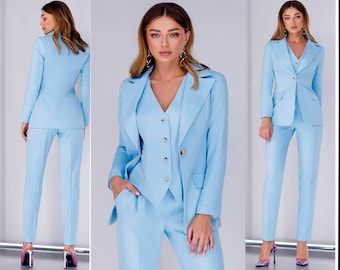 3 Tres Piezas Mujer Prom Nupcial Boda Oficial Cóctel Graduación Traje Conjunto Pantalón Pantalones Chaqueta Pantalones Chaleco Rojo Azul Camel Blanco Negro