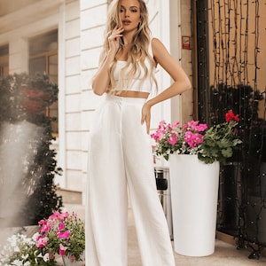 Women Summer Prom Suit Set Cotton Pantsuit Top Bra Palazzo | Etsy