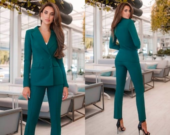 Women Jacket Pants Suit Pantsuit Chic Oficial interview Elegant Cocktail Graduation Pink Blue Green Mocha