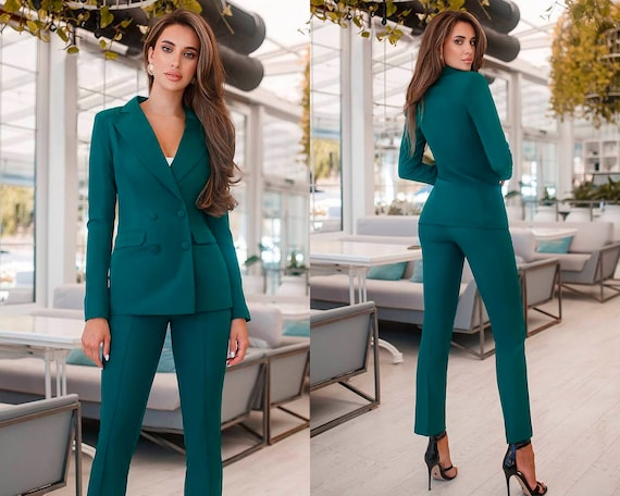 Women Jacket Pants Suit Pantsuit Chic Oficial Interview Elegant Cocktail  Graduation Pink Blue Green Mocha 