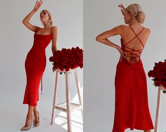 Women Silk Slip Dress Backless Midi With Cowl Neck Bridesmaids For Special Occasions Red