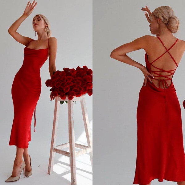 Dames zijden slipdress backless midi met col bruidsmeisjes voor speciale gelegenheden rood