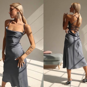 Women Silk Slip Dress Backless Midi With Cowl Neck Bridesmaids For Special Occasions Gray