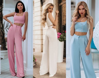 Women Summer Prom Suit Set Cotton Pantsuit Top Bra Palazzo Wide Leg Pants Elegant Cocktail Wedding Bridesmaid Blue Pink Olive Black White