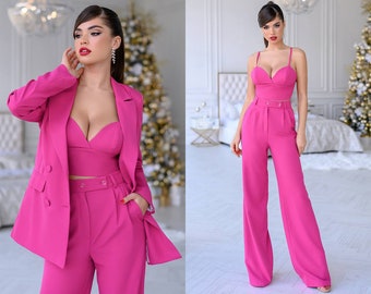 3 Three Pieces Women Prom Bridal Wedding Oficial Cocktail Graduation Suit Set Pantsuit Trousers Jacket Palazzo Pants Green White Pink Coral