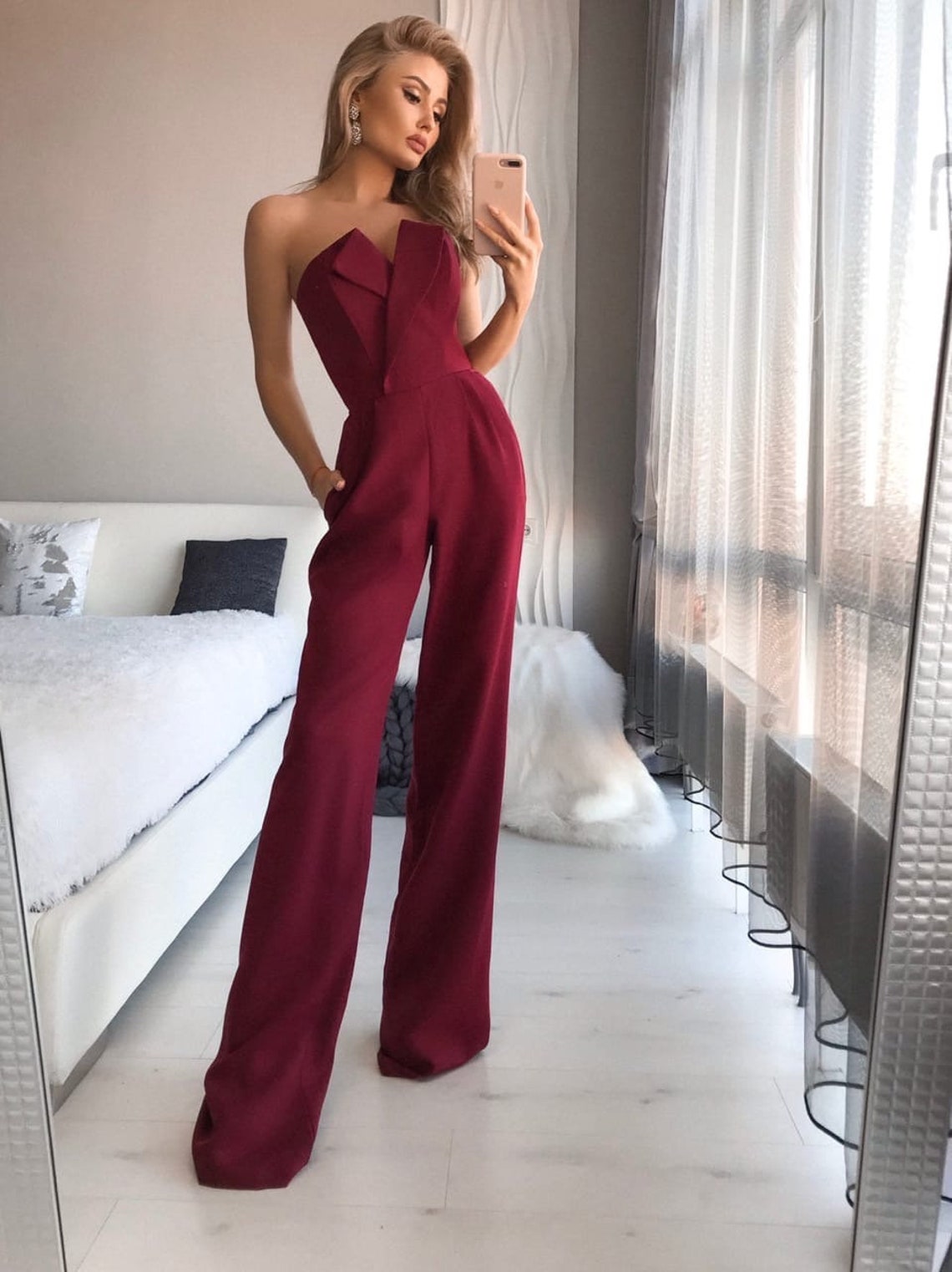 Women Jumpsuit Bridal Wedding Bridesmaid Prom Graduation Burgundy