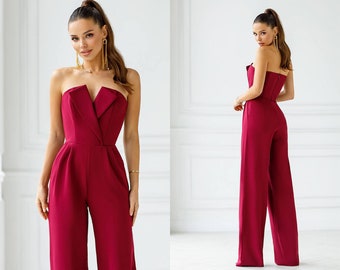 Burgundy Women Jumpsuit Bridal Wedding Bridesmaid Prom Graduation Strapless Corset Top Wide Leg Pants Palazzo White Black Red Beige Green