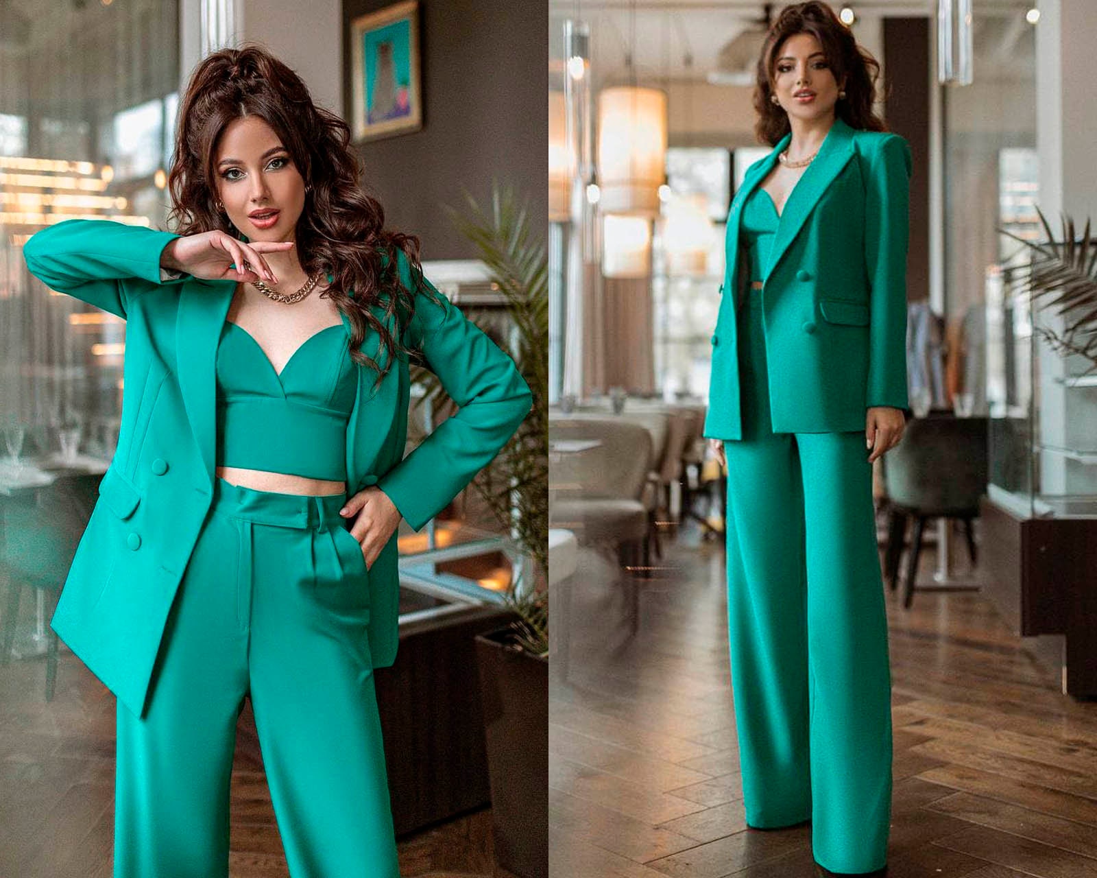 3 Three Pieces Women Prom Bridal Wedding Oficial Cocktail Graduation Suit  Set Pantsuit Trousers Jacket Palazzo Pants Green White Pink Coral 