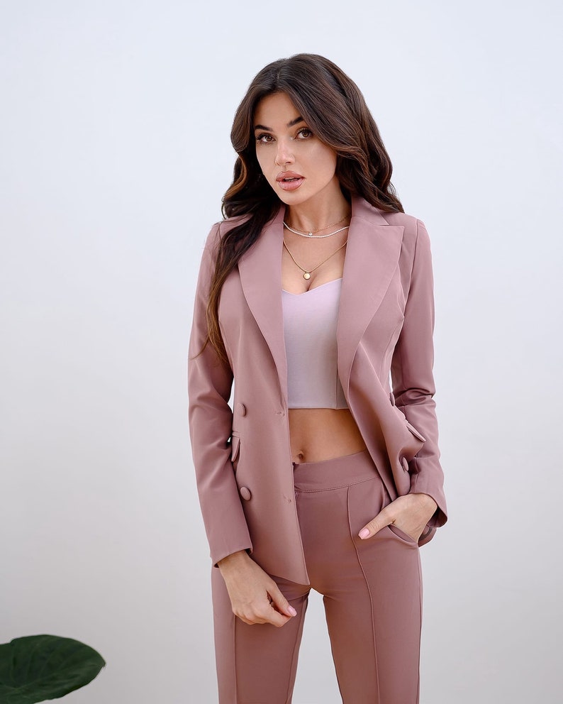 Femme Veste Pantalon Tailleur-pantalon Chic Entretien officiel Élégant Cocktail Remise des diplômes Rose Bleu Vert Moka image 8