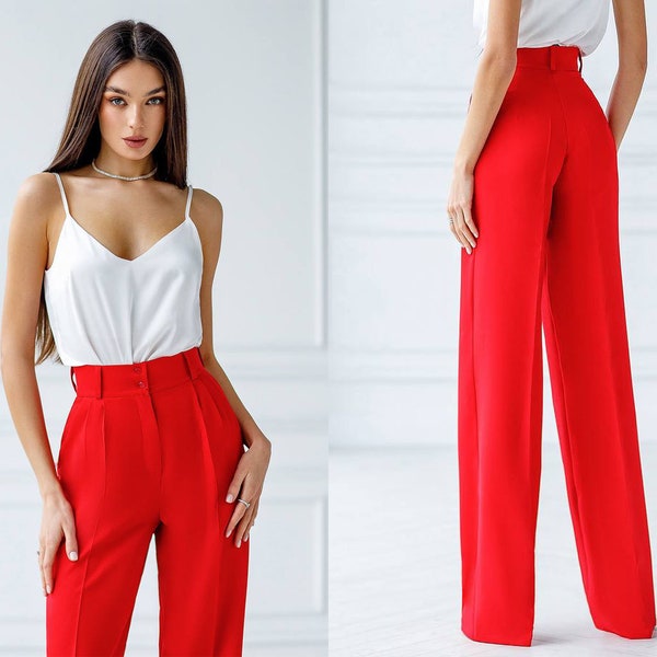 Red High Waist Trousers Camel Palazzo Pants For Women