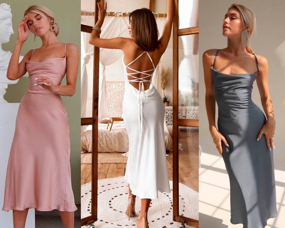 Women Silk Slip Midi Camisole Gami Dress Open Back Cowl Neck Backless Satin Nude Pink Powder White Black Red Grey Blue Green Etsy Canada
