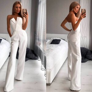 White Women Jumpsuit Bridal Wedding Bridesmaid Prom Graduation Women Formal Corset Top Wide Leg Pants Palazzo Black Pink Red Beige Green