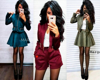 Women 3 Piece Suede Set Suit Jacket Shorts Skirt Three-piece Set Blue Aqua Marsala Khaki Black