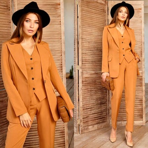 Office Women 3 Piece Suit With Tight Pants Dual Color, Vest Suit