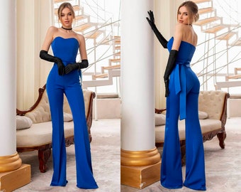 Combinaison corset bleue pour femmes avec empiècements en satin, mariage, demoiselle d'honneur, bal de promo, haut formel pour femmes, pantalon large, bleu palazzo
