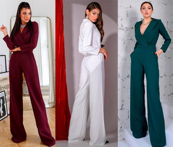 Women Jumpsuit Long Sleeves Deep Sexy V-neek White Black Emerald Burgundy -   Canada