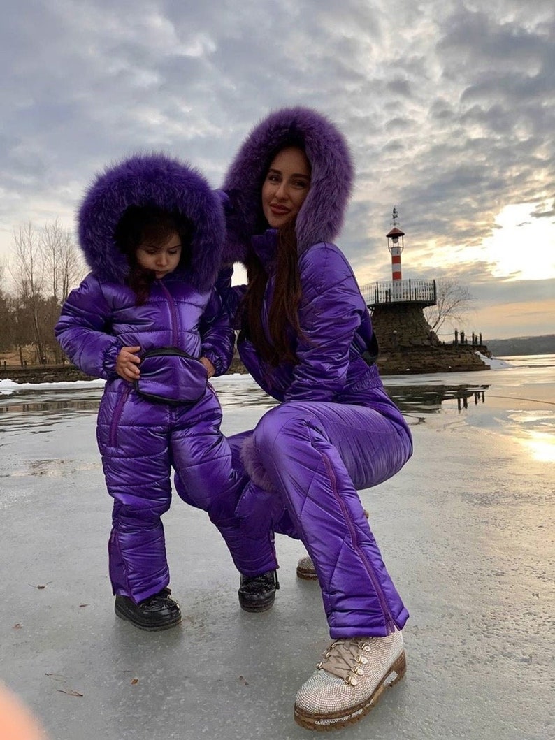 Women Ski Jumpsuit For Women And Children Kids Snowsuit Overalls Snowboarding One-piece Warm Suit Violet