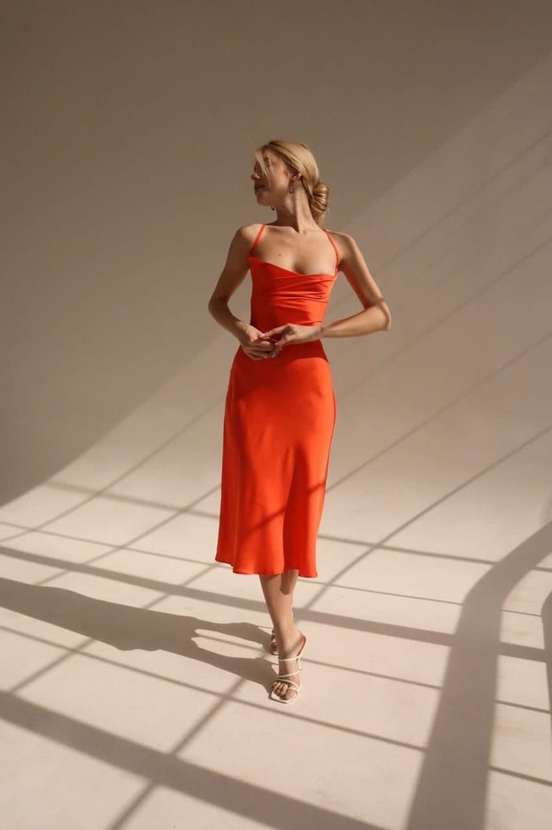 Midi Silk Slip Dress With Cowl Neck Sheath Backless Party Dress cc140
