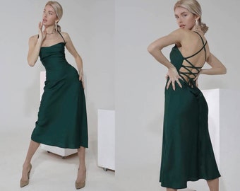 Women Silk Slip Dress Backless Midi With Cowl Neck Bridesmaids For Special Occasions Emerald Green