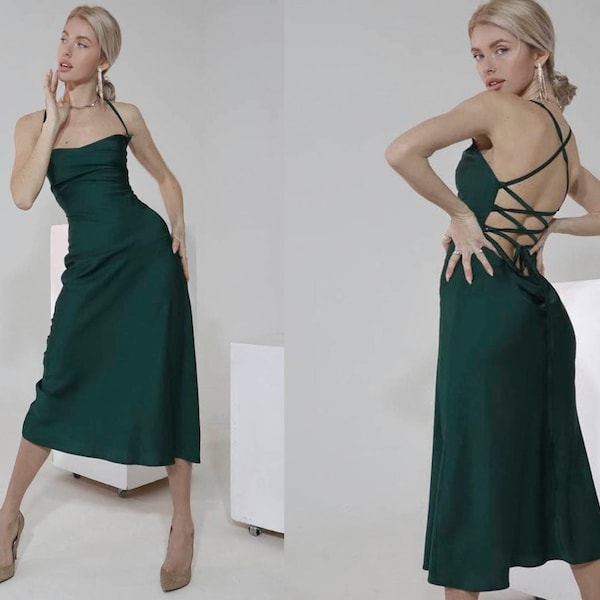 Women Silk Slip Dress Backless Midi With Cowl Neck Bridesmaids For Special Occasions Emerald Green