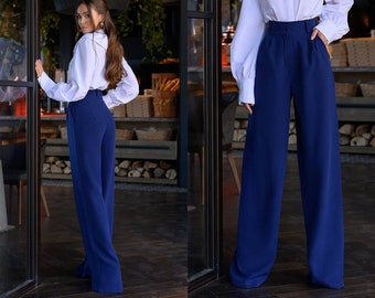 Pantalon palazzo femme bleu marine