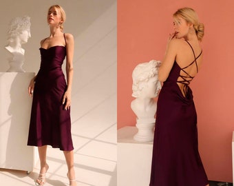 Women Silk Slip Dress Backless Midi With Cowl Neck Bridesmaids For Special Occasions Purple