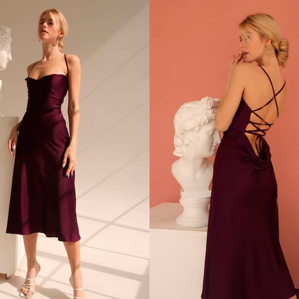 Women Silk Slip Dress Backless Midi With Cowl Neck Bridesmaids For Special Occasions Purple