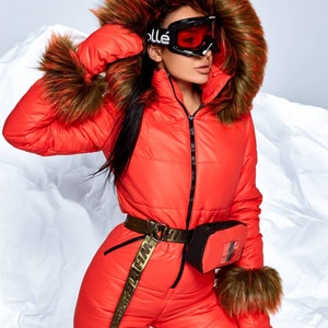 Women and Children Ski Jumpsuit Red With Gloves and Bag Overall Winter ...