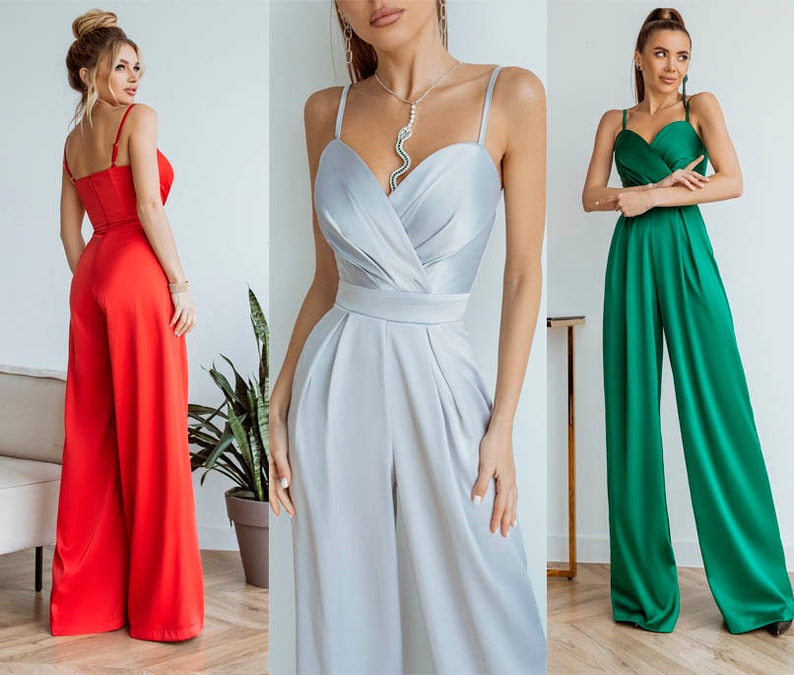 Dames jumpsuit bruidsbruiloft bruidsmeisje prom afstuderen dames formele korset top wijde pijpen broek palazzo grijs reg groen afbeelding 1