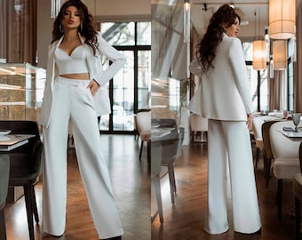 3 Three Pieces Women Prom Bridal Wedding Oficial Cocktail Graduation Suit Set Pantsuit Trousers Jacket Palazzo Pants Green White Pink Coral