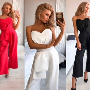 Women Bridal Corset Jumpsuit With Bow Cropped Trousers For Reception Wedding Guest Engagement Outfit Formal White Black Coral Lavender Red