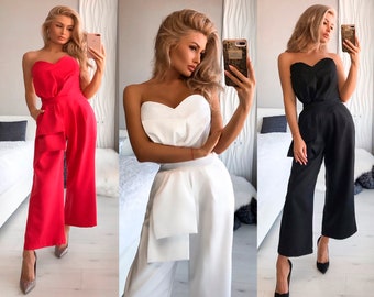 Women Bridal Corset Jumpsuit With Bow Cropped Trousers For Reception Wedding Guest Engagement Outfit Formal White Black Coral Lavender Red