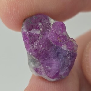 May include: A raw, uncut ruby gemstone with a vibrant pinkish-purple hue. The natural stone has a rough, textured surface with areas of lighter and darker coloration. The ruby is held between two fingers, showcasing its size and shape.
