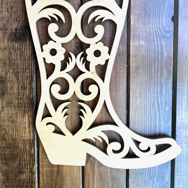 Unfinished Wood Boot Blank with Floral Pattern