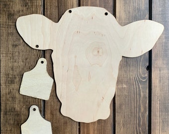 Unfinished Wood Blank Cow Head with Two Ear Tags Door Hanger, Free Shipping Available