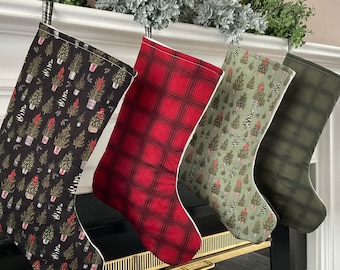 Handmade Farmhouse Christmas Stocking: Plaid & Tree Prints