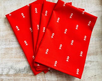 Christmas Cloth Napkins: Red Cotton Napkins with White Trees