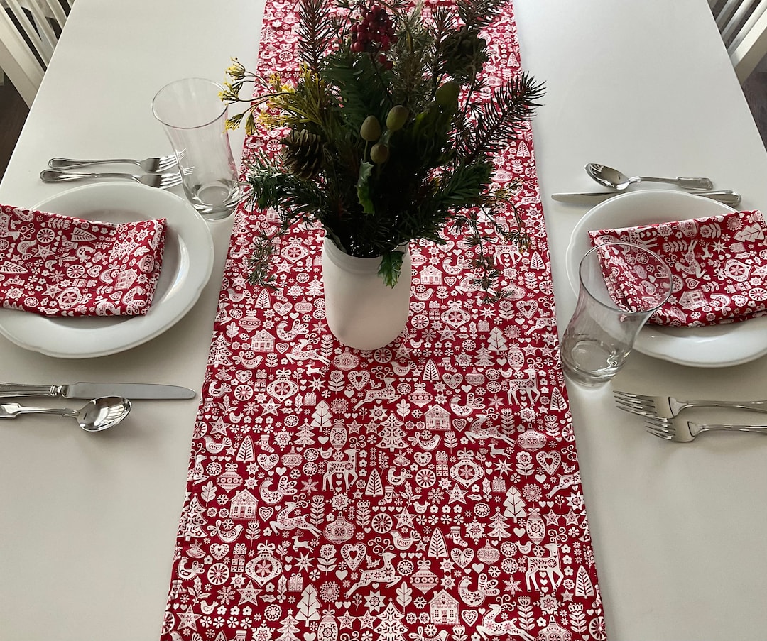 Red Christmas Table Runner, Scandi Print Table Runner, Christmas Table Linens, Christmas Decor